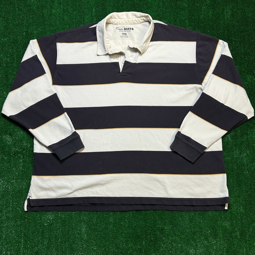 Eddie Bauer Rugby Shirt Striped Long Sleeve Polo Navy White XXL